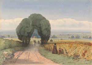 Gloucestershire - eine Frau und ein Kind auf einer Straße entlang reifer Kornfelder in Moreton-in-Marsh von William John Chamberlayne