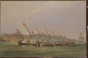 Kapitän Robert Maunsell erobert französische Kanonenboote vor Java, Juli 1811 von William John Huggins