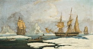 Die Nordwalfischerei: Das Schiff Harmony of Hull und andere im Eis gefangene Walfänger, die Robben, Narwale und Wale auf dem Davis-Straßen-Walfanggebiet vor Grönland jagen