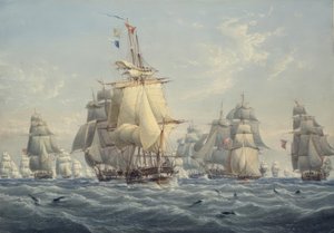 Eine britische Staffel unter vollen Segeln mit Schweinswalen von William Joy
