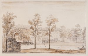 Chiswick, Entwurf für einen rustikalen Wasserfall und eine Brücke gegen die Terrasse (Feder und Tinte und Waschung über Bleistift auf Papier) von William Kent