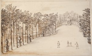 Chiswick, erster Entwurf für die Exedra (Feder und Tinte und Waschung auf Papier) von William Kent