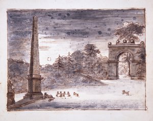 Chiswick, das Burlington Lane Tor und der Obelisk im Mondlicht mit Kent, der am Obelisk träumt, und spielenden Kaninchen, ca. 1732 (Feder und Tinte und Waschung auf Papier) von William Kent
