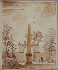 Chiswick, Ansicht des Burlington Lane Tors, der Obelisk im Vordergrund und Kent mit Hund von William Kent