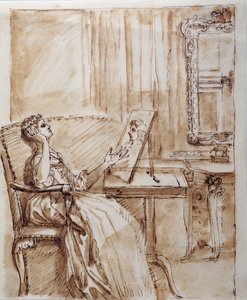 Lady Burlington sitzt in ihrem Gartenraum und bewundert eine alte Meisterzeichnung (?) von William Kent