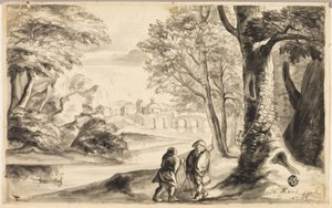 Zwei Reisende unter einem Baum mit Dorf und Brücke in der Ferne von William Kent