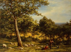 Ein Hirte und seine Herde in einem sonnenbeschienenen Wald von William Linnell