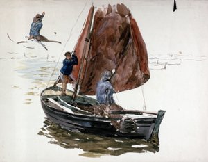 Ein Mann und ein Junge an Bord eines kleinen Segelbootes von William Lionel Wyllie