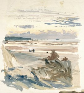 Figuren am Strand, wahrscheinlich in Amble (Frankreich), mit der Silhouette von Fort Vauban im Licht der Dämmerung. von William Lionel Wyllie