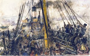 Kohlesammler an Bord eines Schiffes, die Kohleladung aus dem Frachtraum mit einem Flaschenzugsystem hebend