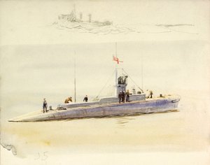 U-Boot J.5 und grobe Skizze eines anderen Kriegsschiffs, frühes 20. Jahrhundert von William Lionel Wyllie