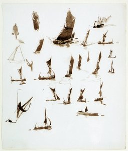 Studien von Hausbooten auf der Themse (England). Gouache aus einem Notizbuch, ca. 1890, von William Lionel Wyllie (1851-1931)
