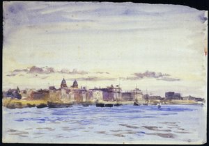 Ansicht des Royal Naval College in Greenwich (England) bei Sonnenuntergang, vom gegenüberliegenden Ufer in Blackwall von William Lionel Wyllie