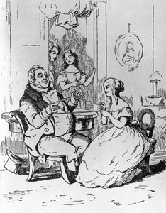 Mr. Joseph Sedley verstrickt von Becky Sharp, Illustration für das 1. Kapitel von Vanity Fair, Roman von William Makepeace Thackeray (1811-1863), Gravur nach einer Zeichnung von William Makepeace Thackeray (1811-1863), veröffentlicht in Chicago 1882