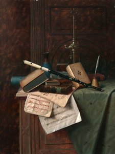 Stillleben mit Flöte, Vase und römischer Lampe