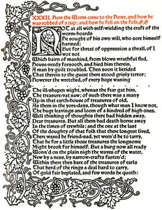 Kelmscott Press: Seite aus Die Geschichte von Beowulf, gedruckt in der Troy-Schrift, ca. 1895, 1914 von William Morris