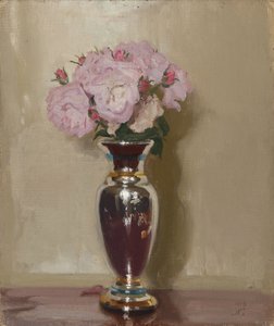 Rosa Rosen in einer Silberglanzvase von William Nicholson