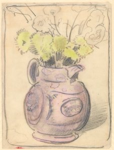 Blumenvase: gelbe Chrysanthemen in einem Glanzkrug