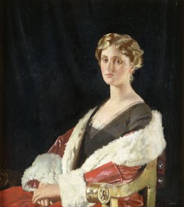 Porträt von Nancy Oswald Smith, sitzend, halblang, in einem roten pelzgefütterten Mantel von William Orpen