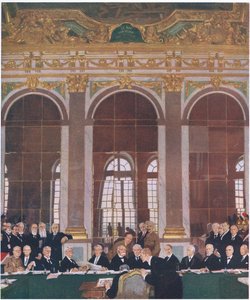 Unterzeichnung des Friedens im Spiegelsaal, Schloss Versailles, 28. Juni 1919, aus Cassells Geschichte des britischen Volkes veröffentlicht von der Waverley Book Company Limited, ca. 1940 von William Orpen