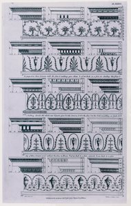 Entwürfe für Gesimse veröffentlicht 1788 von William Pain (ca. 1730-ca. 1790). 1783 Schwarz-Weiß-Gravur von William Pain