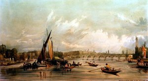 Waterloo Bridge von Westen mit einem Bootsrennen (Lithografie)