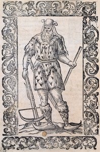 Mann mit Pelzkleidung, Armbrust und Schuhen mit gedrehten Spitzen (Beispiel für rudimentäre Skier), Illustration zugeschrieben Cesare Vecellio, veröffentlicht in Italien im 16. Jahrhundert von Nicolas Toussaint Charlet