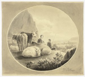 Hirten, Kühe und Schafe in der Landschaft von William Pether