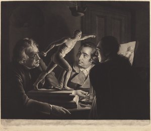 Drei Personen betrachten den Gladiator bei Kerzenlicht von William Pether after Joseph Wright