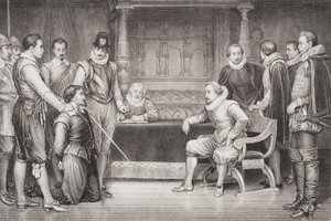 Guy Fawkes (1570-1606) verhört von James I. (1566-1625) und seinem Rat im Schlafzimmer des Königs, aus 