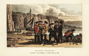 Englische Touristen beobachten schottische Fischer beim Öffnen von Perlmuscheln auf der Isle of Skye, Schottland