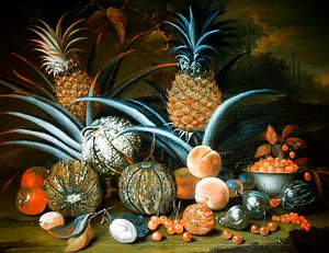 Stillleben mit Ananas, Melonen, Pfirsichen, Erdbeeren, Kirschen und anderem Obst von William Sartorius