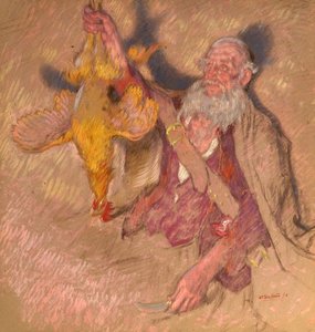Studie eines Mannes, der einen Hahn für Highland Raiders hält
