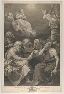 Die Kirchenväter konsultieren Bücher und Dokumente und betrachten die Jungfrau, 1785