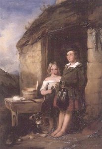 Highland-Kinder an der Tür einer Bothy