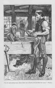 Adam Bede, der Dorfschreiner, in der Werkstatt, sein Hund Gyp auf einem Haufen Späne unter der Bank. Adam Bede von George Eliot, erstmals veröffentlicht 1859. Illustration von William Small (1843-1929) aus einer Ausgabe um 1885.