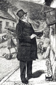 Karikatur, die einen zylinderbehüteten Mann zeigt, der empört ist, weil ein Haustierstarling den Sabbat stört, indem er die Kinder zum Lachen und Schreien bringt von William Small