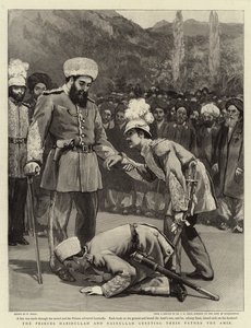 Die Prinzen Habibullah und Nasrullah begrüßen ihren Vater den Amir von William Small