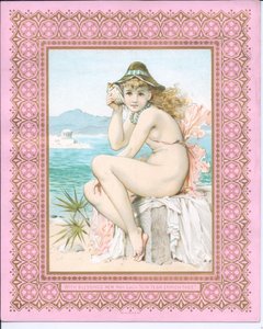 Viktorianische Neujahrskarte von einer badenden Schönheit am Strand, die eine Muschel ans Ohr hält, ca. 1881 von William Stephen Coleman