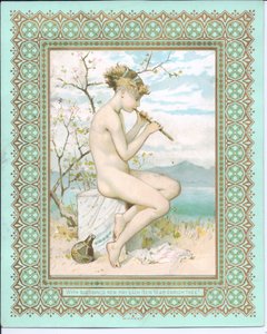 Viktorianische Neujahrskarte von einer badenden Schönheit am Strand, die eine Flöte spielt, ca. 1881