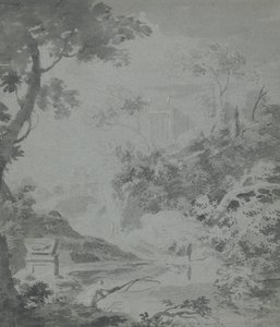 Landschaft mit einem fernen klassischen Gebäude und einem Mann beim Angeln