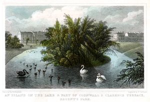 Insel auf dem See und Teil der Cornwall- und Clarence-Terrassen, Regents Park, London, 1828