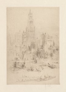 Downtown Manhattan vom East River, mit dem Woolworth Building von William Walcot