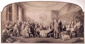 Die bedeutenden Wissenschaftler von 1807-1808. Treffen in der Bibliothek des Royal Institute of Sciences, England. Gravur von William Walker und Sir John Gilbert (1817-1897)
