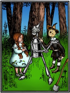Der Zauberer von Oz - Zeichnung von Denslow, William Wallace für die erste Ausgabe 1900 von Frank Baums Buch - Dorothee, unterstützt von der Vogelscheuche, half dem Blechholzmann