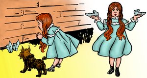 Der Zauberer von Oz - Bearbeitung von zwei Bildern von Denslow, William Wallace für die erste Ausgabe 1900 von Frank Baums Buch - Dorothee, begleitet von ihrem Hund Toto, erholt sich die magischen Silberschuhe von William Wallace Denslow