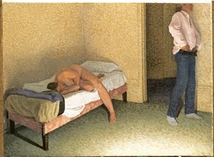Interieur mit einer sich anziehenden Figur