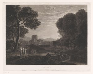 Landschaft mit Tor und Turm am Ufer eines Flusses von William Woollett