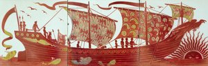 Drei Fliesen, die ein Schiff bei Sonnenuntergang darstellen