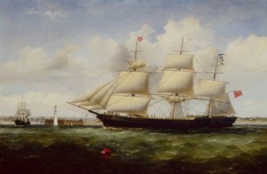Schiff Shepherdess passiert Perch Rock Fort und Leuchtturm bei der Ankunft in der Mersey von Williams Kimmins McMinn